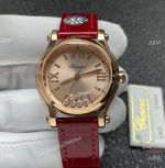 2022 YF Chopard Floating Diamond 30 Copy Watch Champagne Dial Red Leather Strap